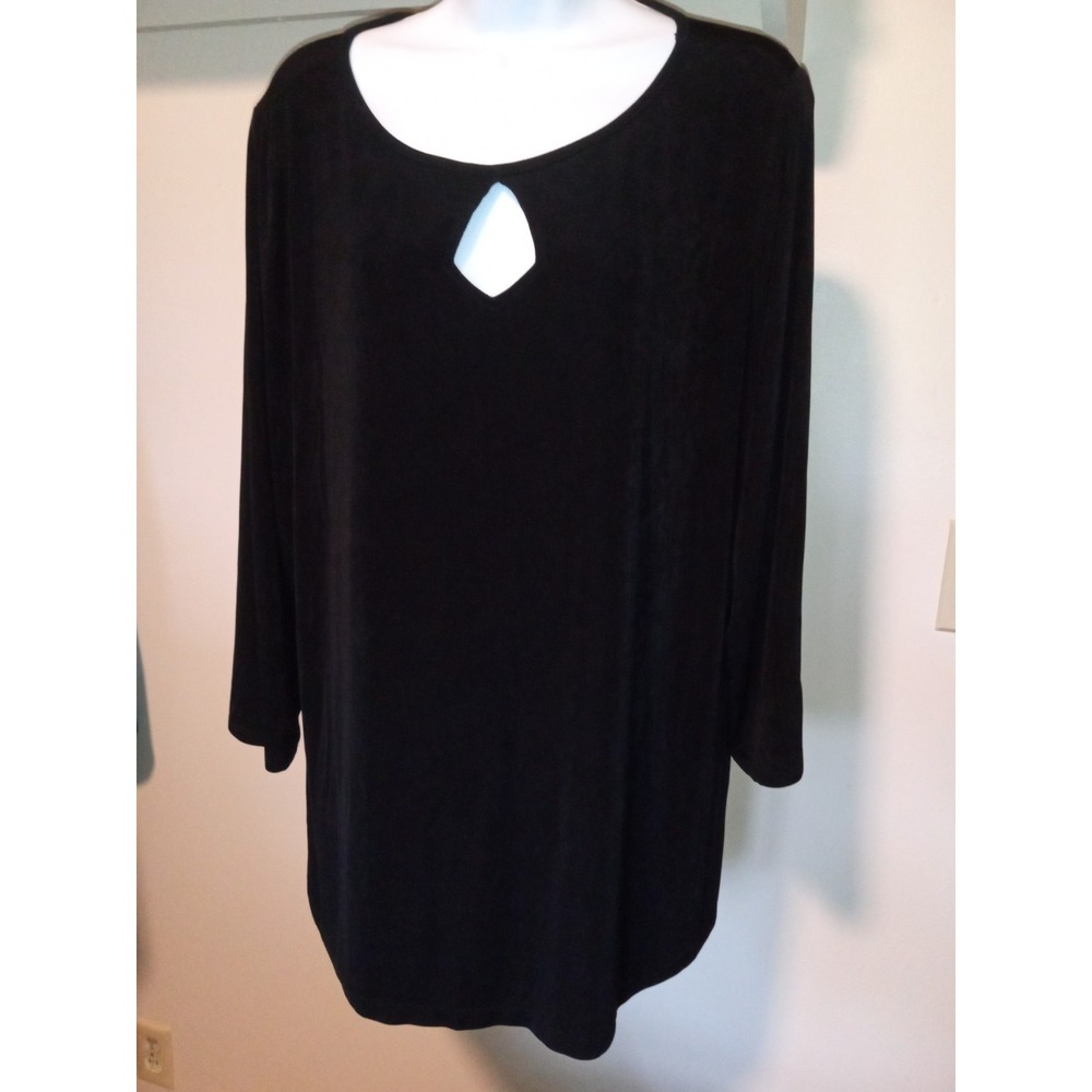 Chicos Travelers Black Slinky Knit Keyhole Neck Tunic Top Size 3 XL‎ 3/4 Sleeve